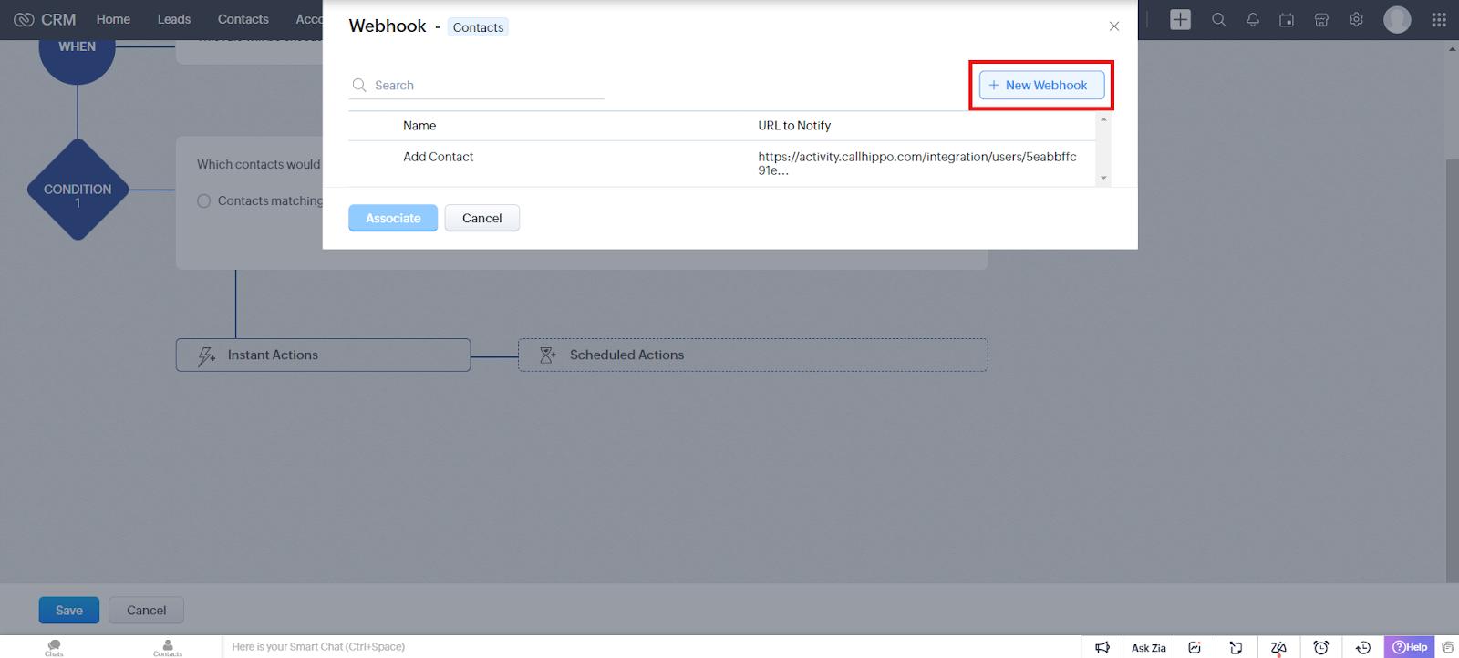 Webhook selection dialog with the New Webhook button highlighted