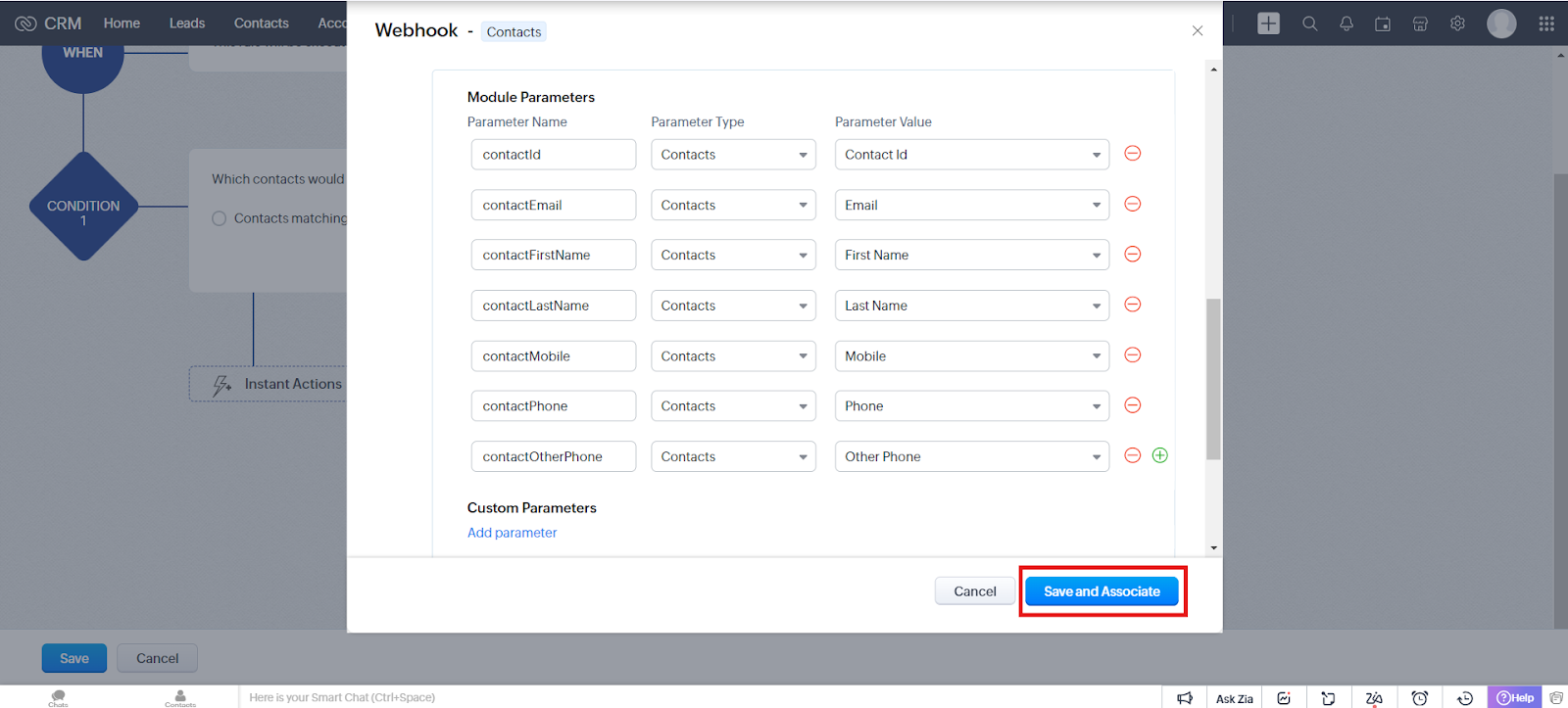 Update Contact module parameters with the Save and Associate button highlighted