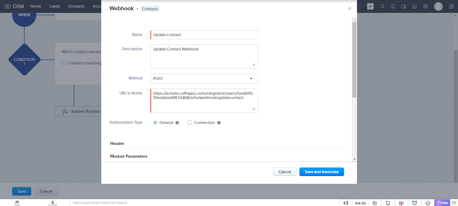 Update Contact webhook form with POST method and the CallHippo updatecontact notify URL