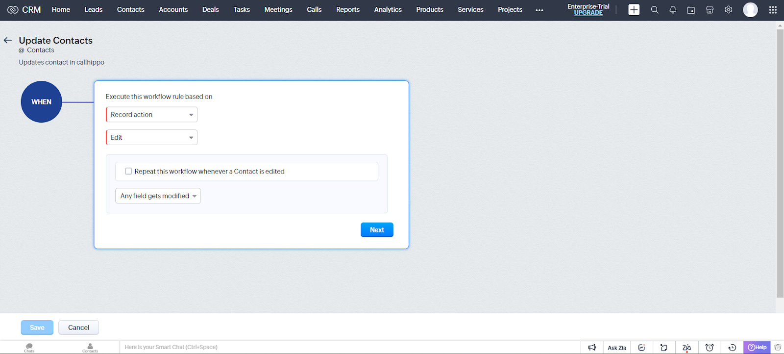 Update Contacts workflow set to Record action Edit
