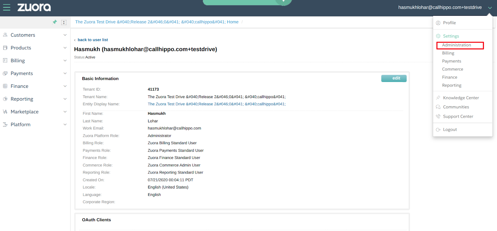 Zuora account with the Administration option highlighted in the user menu