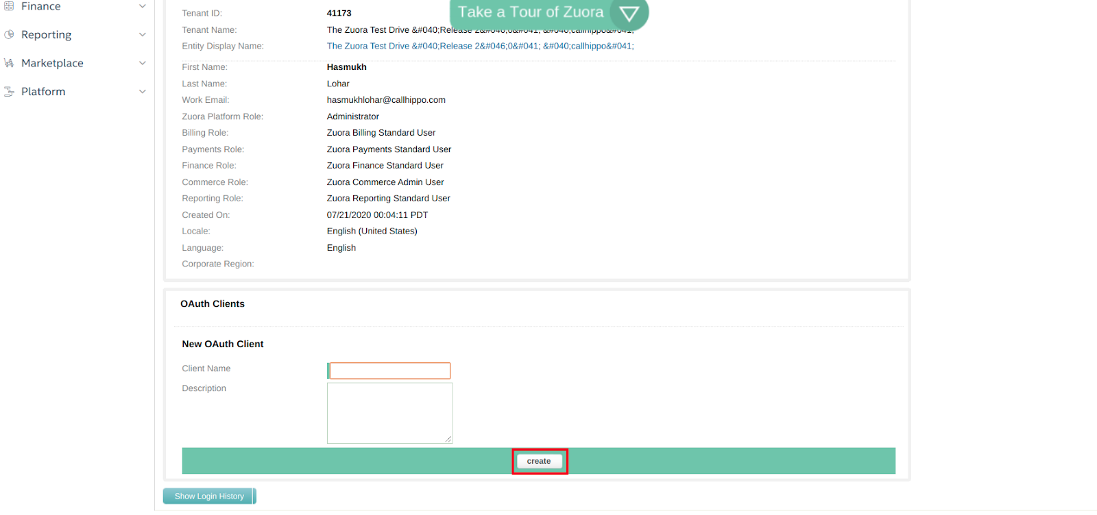 Zuora admin user page with the New OAuth Client form and create button highlighted