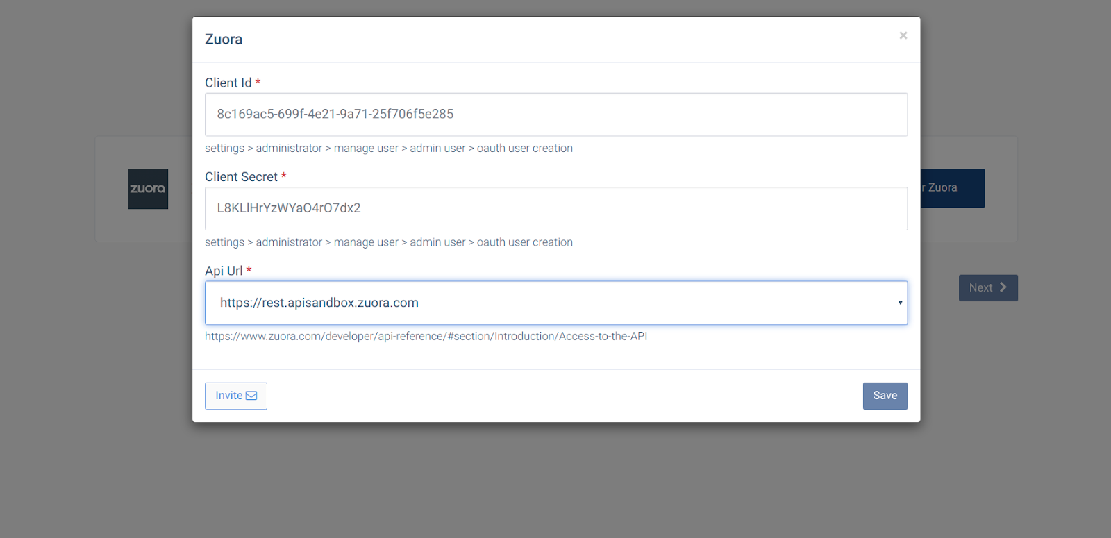 CallHippo Zuora popup with Client Id, Client Secret and API URL fields